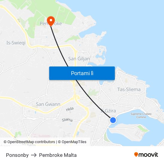 Ponsonby to Pembroke Malta map