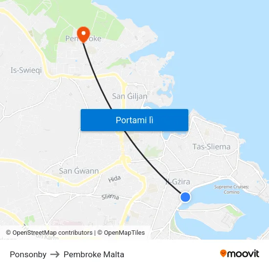 Ponsonby to Pembroke Malta map