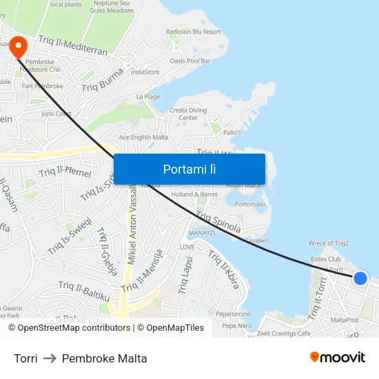 Torri to Pembroke Malta map