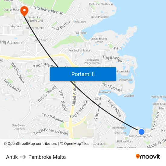 Antik to Pembroke Malta map
