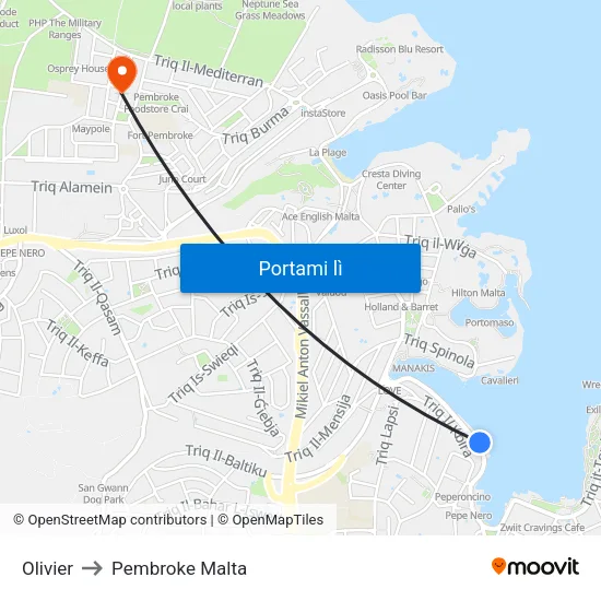 Olivier to Pembroke Malta map