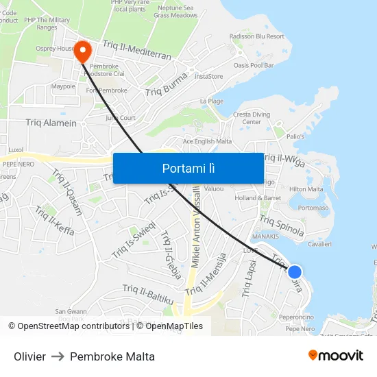 Olivier to Pembroke Malta map