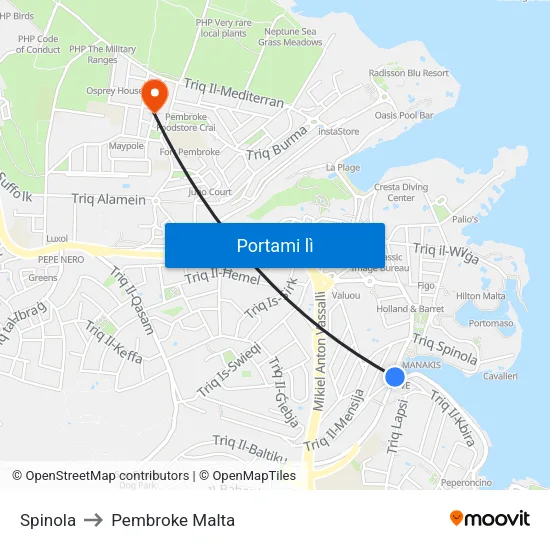 Spinola to Pembroke Malta map