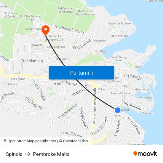 Spinola to Pembroke Malta map