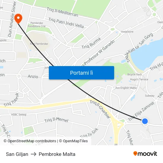 San Giljan to Pembroke Malta map