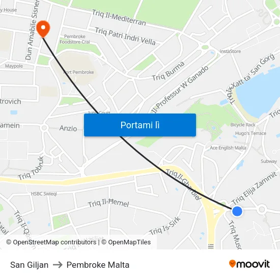 San Giljan to Pembroke Malta map