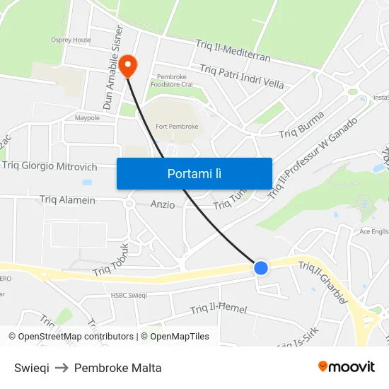 Swieqi to Pembroke Malta map