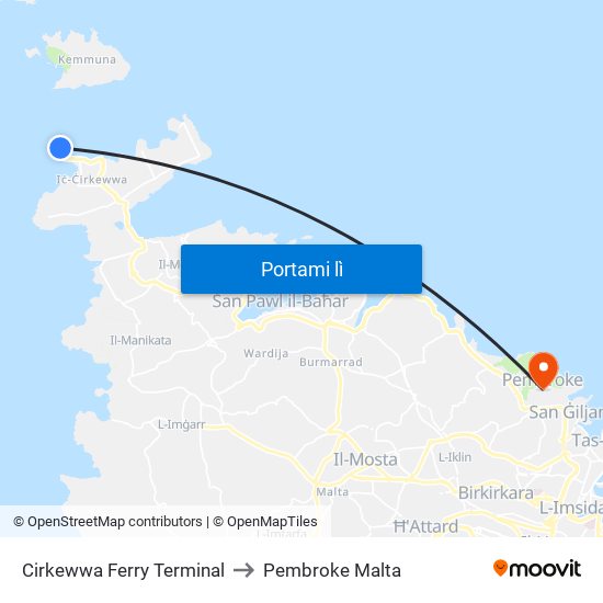 Cirkewwa Ferry Terminal to Pembroke Malta map