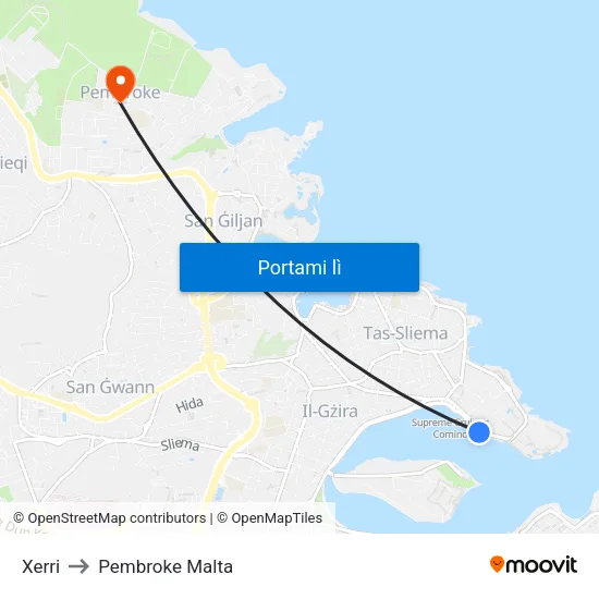 Xerri to Pembroke Malta map