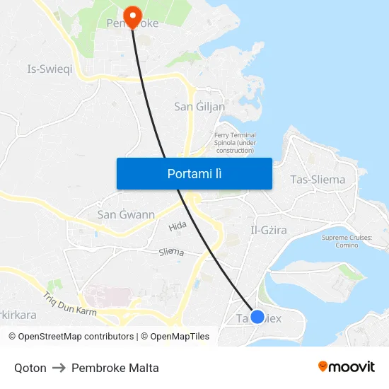 Qoton to Pembroke Malta map
