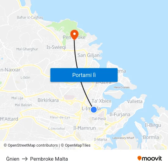Ġnien to Pembroke Malta map