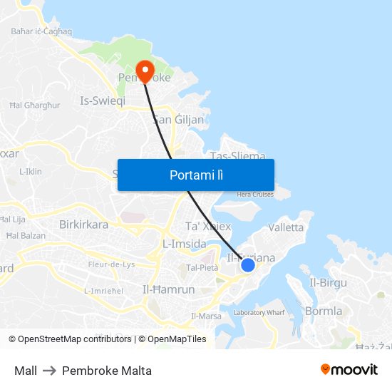 Mall to Pembroke Malta map