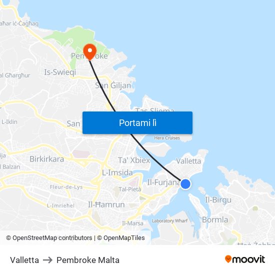 Valletta to Pembroke Malta map