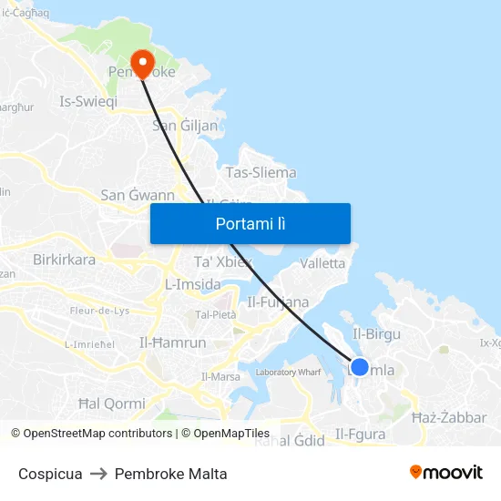 Cospicua to Pembroke Malta map