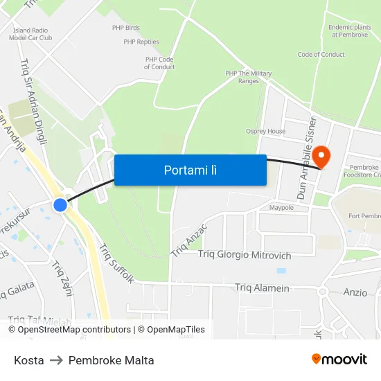 Kosta to Pembroke Malta map