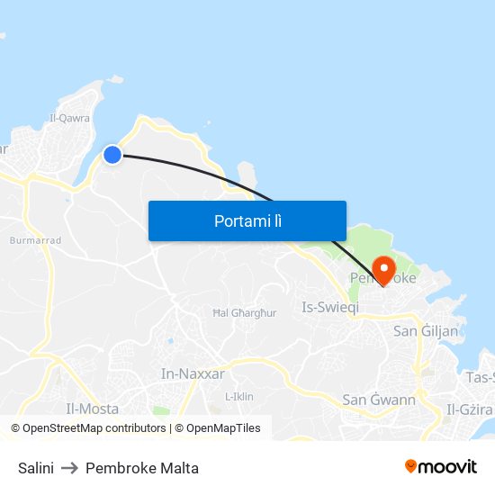 Salini to Pembroke Malta map