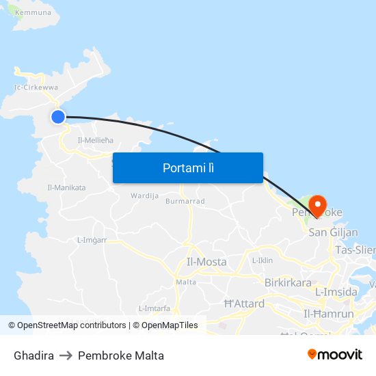 Ghadira to Pembroke Malta map