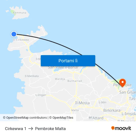 Cirkewwa 1 to Pembroke Malta map