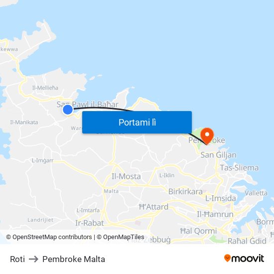 Roti to Pembroke Malta map