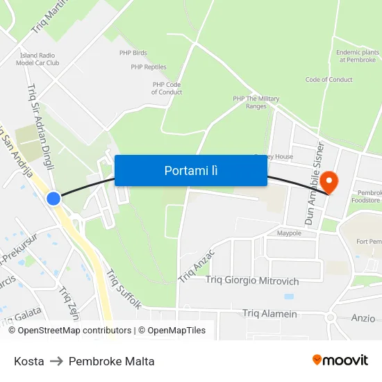 Kosta to Pembroke Malta map