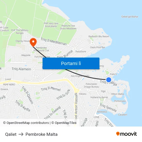 Qaliet to Pembroke Malta map