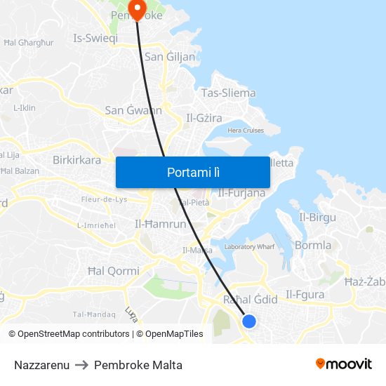 Nazzarenu to Pembroke Malta map