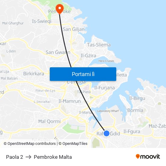 Paola 2 to Pembroke Malta map