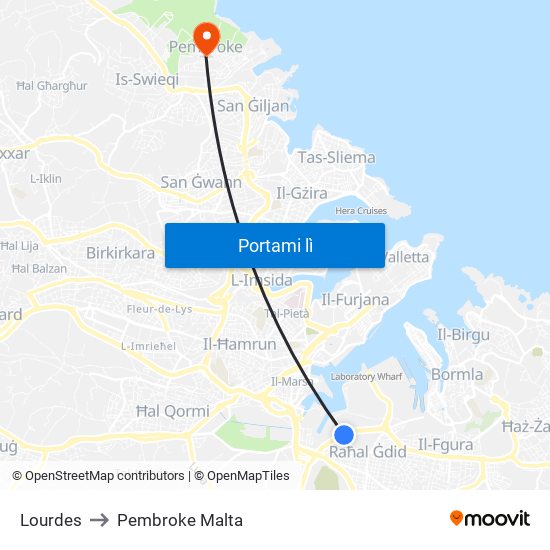 Lourdes to Pembroke Malta map