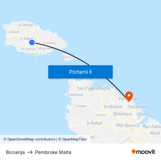 Biccerija to Pembroke Malta map