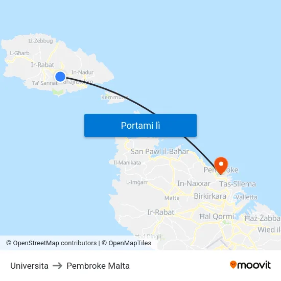 Universita to Pembroke Malta map