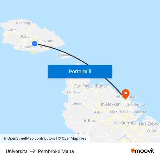 Universita to Pembroke Malta map