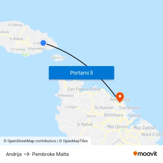 Andrija to Pembroke Malta map