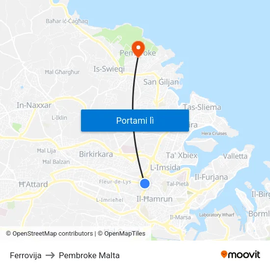 Ferrovija to Pembroke Malta map