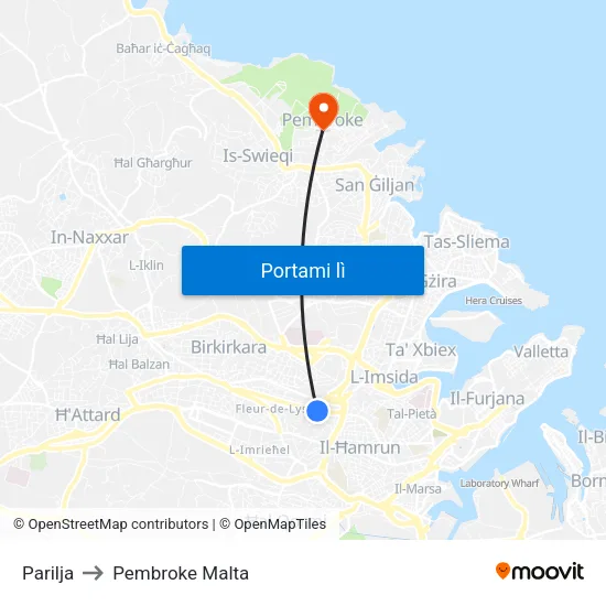 Parilja to Pembroke Malta map