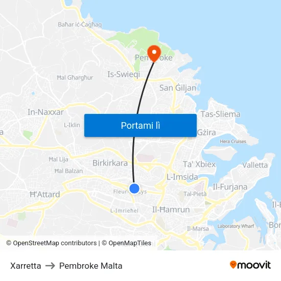 Xarretta to Pembroke Malta map