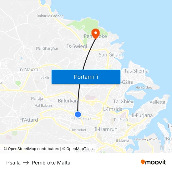 Psaila to Pembroke Malta map