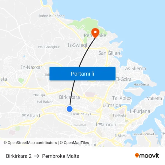 Birkirkara 2 to Pembroke Malta map