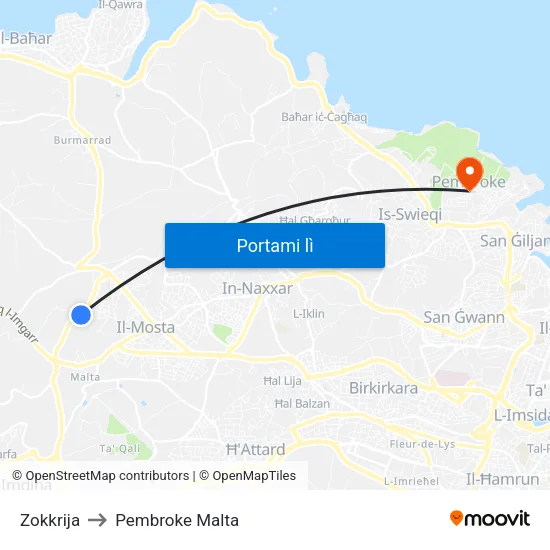 Zokkrija to Pembroke Malta map
