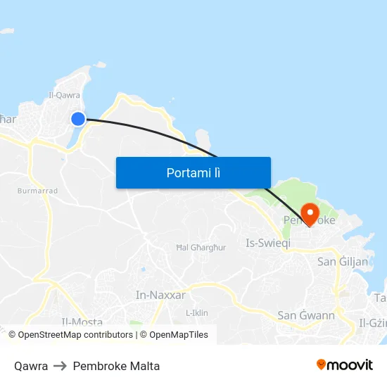 Qawra to Pembroke Malta map