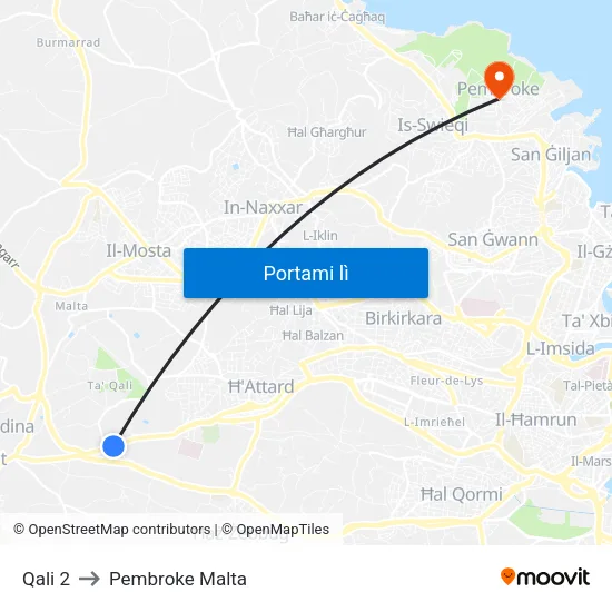 Qali 2 to Pembroke Malta map