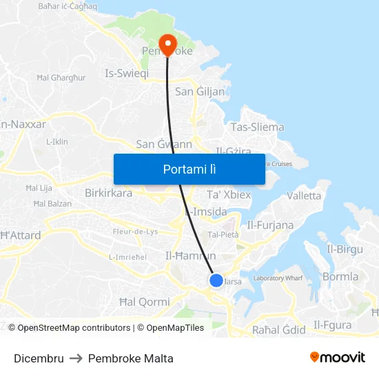 Dicembru to Pembroke Malta map