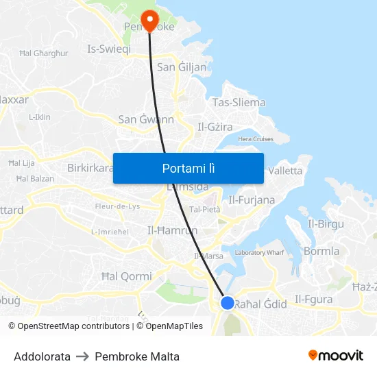 Addolorata to Pembroke Malta map