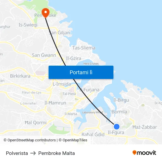 Polverista to Pembroke Malta map