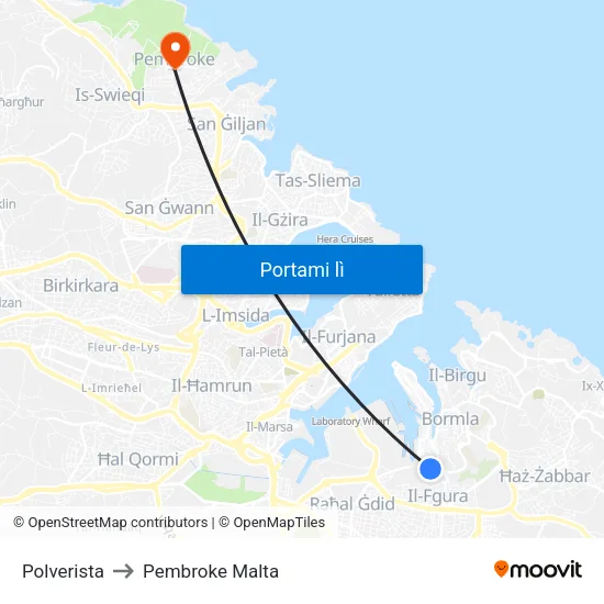 Polverista to Pembroke Malta map