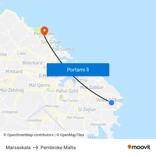 Marsaskala to Pembroke Malta map