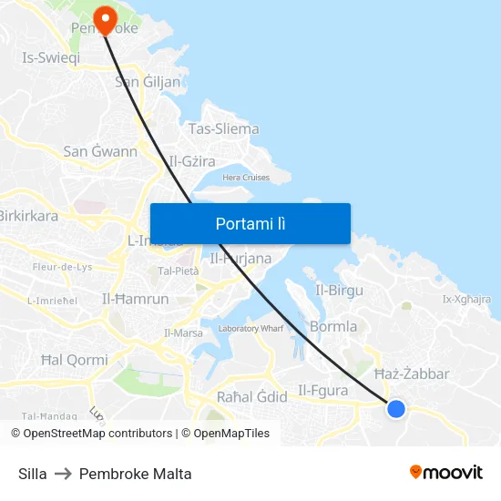 Silla to Pembroke Malta map