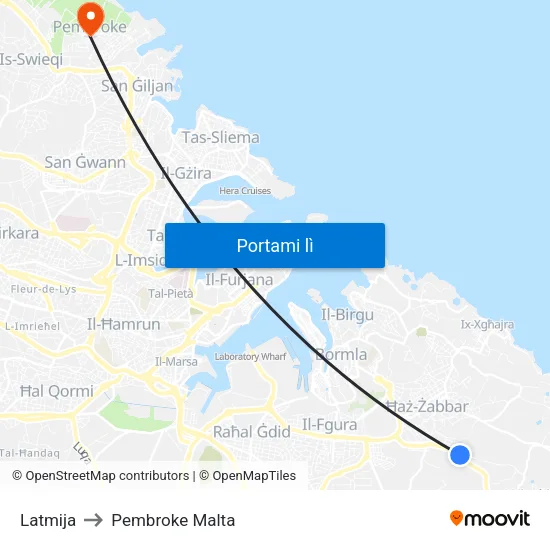 Latmija to Pembroke Malta map