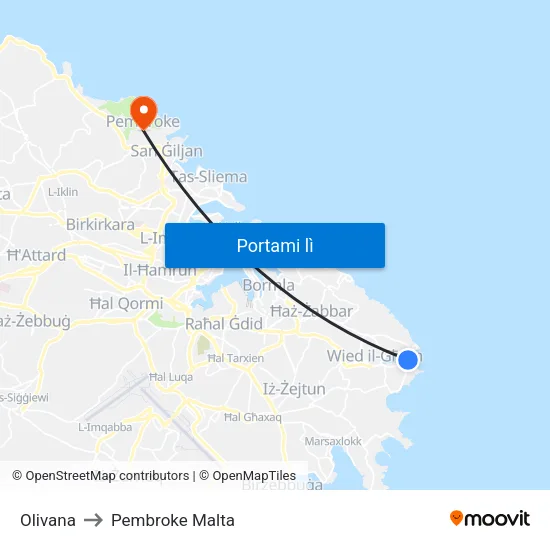 Olivana to Pembroke Malta map