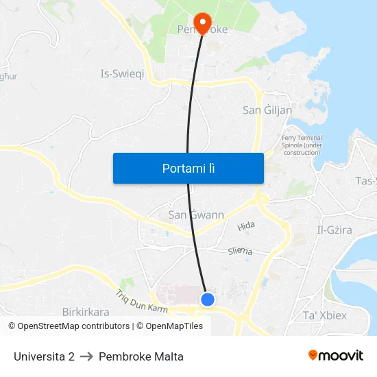 Universita 2 to Pembroke Malta map