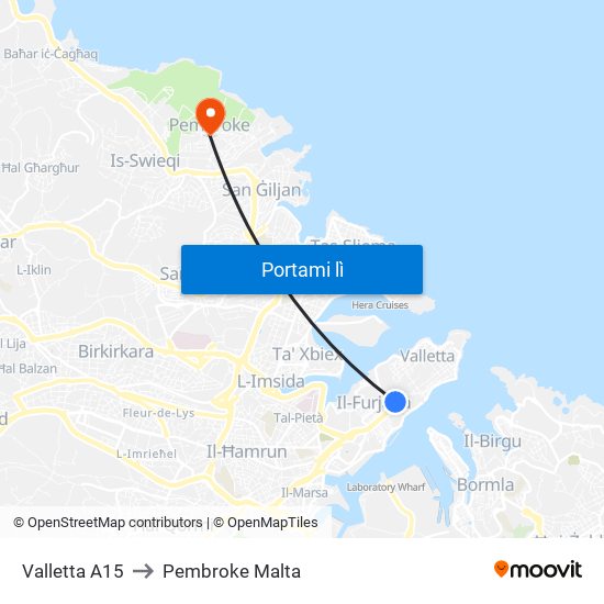 Valletta A15 to Pembroke Malta map